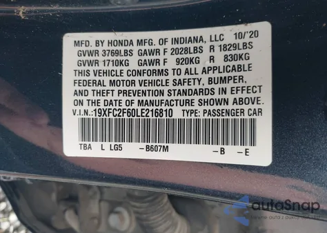 2020 Honda Civic Lx from USA, damaged, VIN 19XFC2F60LE216810
